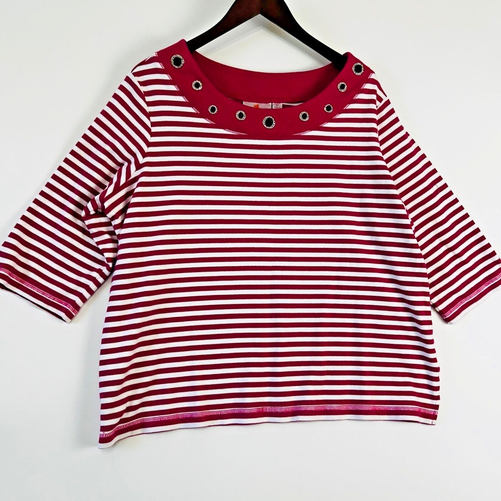 Quacker Factory‎ Top Women 2X Pink RHINESTONE Grommet Striped Blouse